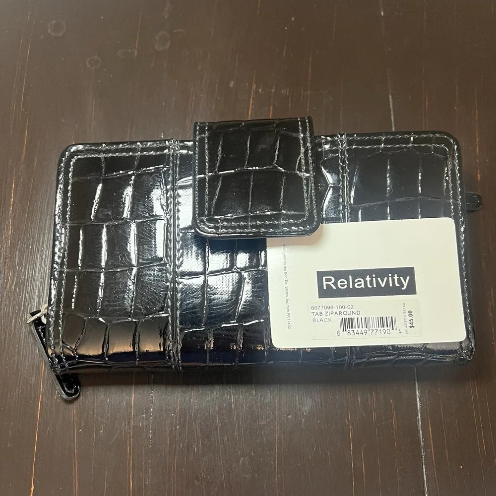 Relativity NWT Black Patent Croc Zip Around Tab Wallet Bi-fold